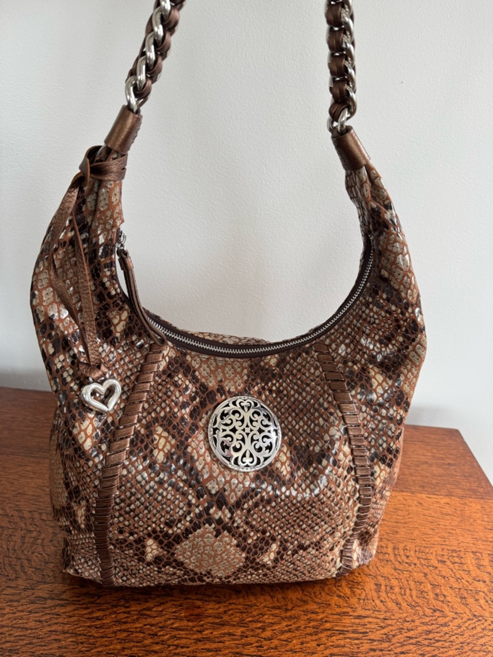 Brighton Nora Hobo Leather Python Print Shoulder Bag with Silver Medallion